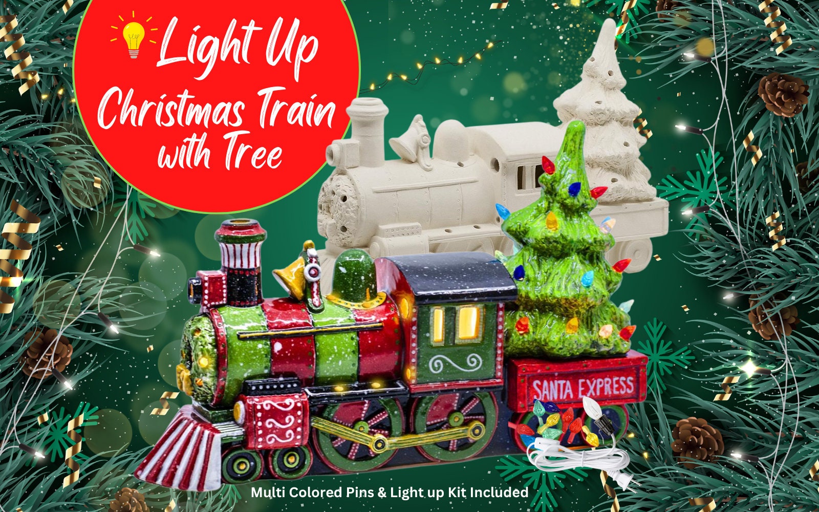Ceramic Light Up Holiday Christmas Train with Tree