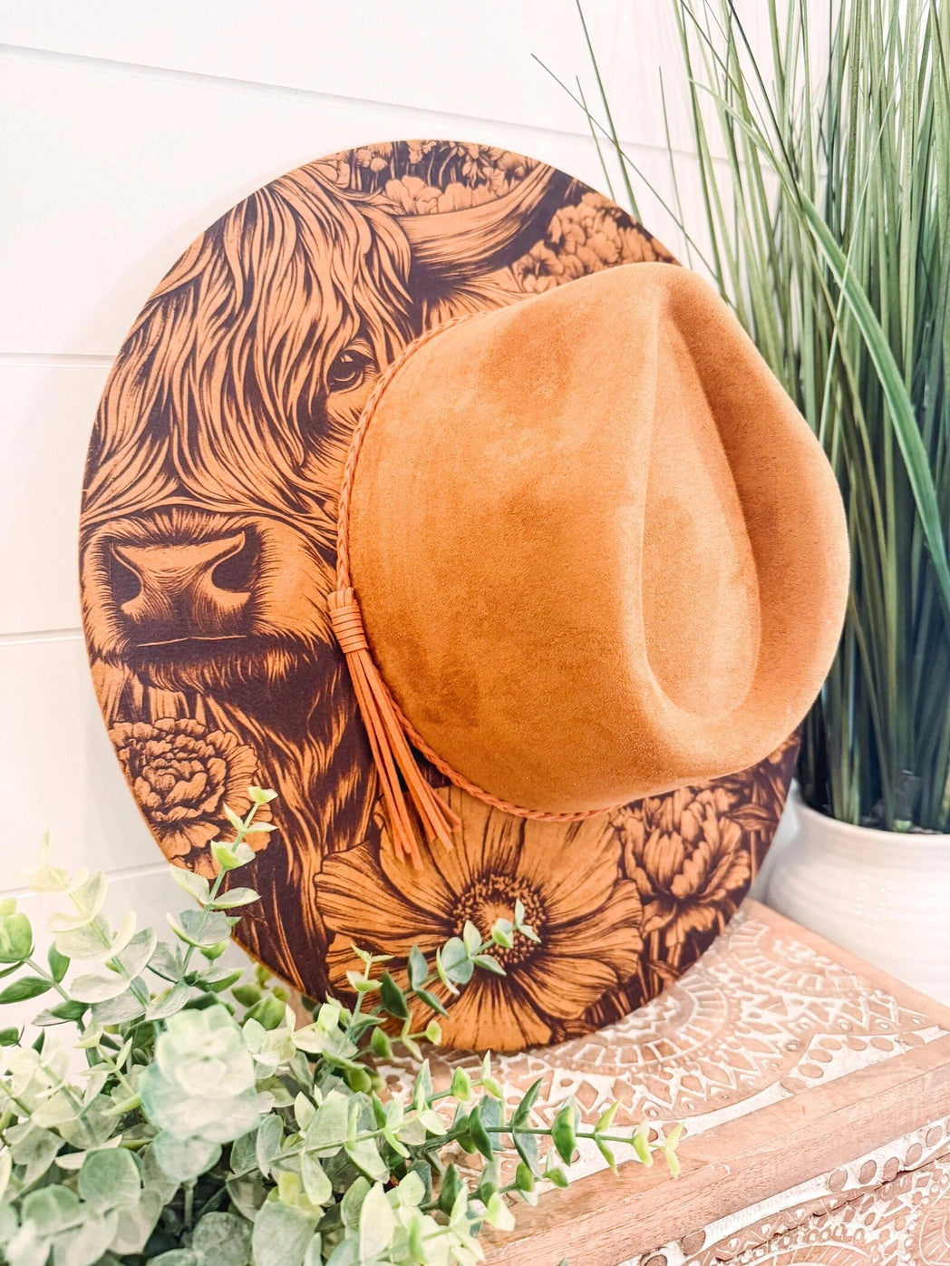 NEW - Highlander Cow Floral Engraved Cowgirl Hat