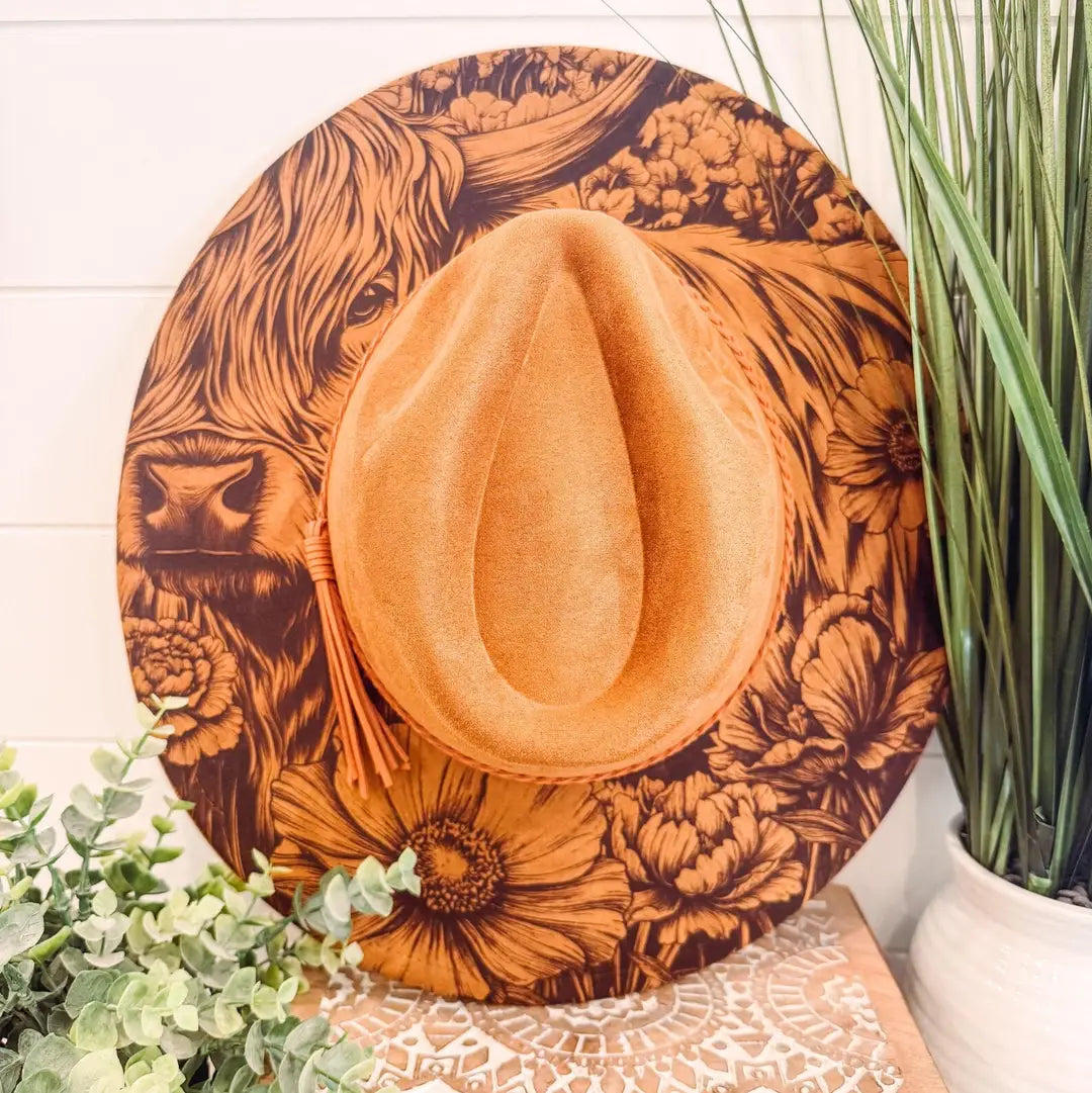 NEW - Highlander Cow Floral Engraved Cowgirl Hat