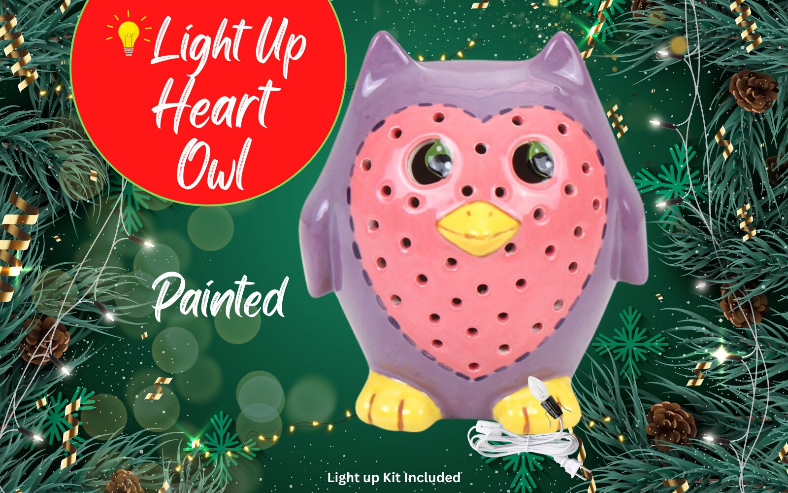 Ceramic Light Up Holiday Christmas Heart Owl