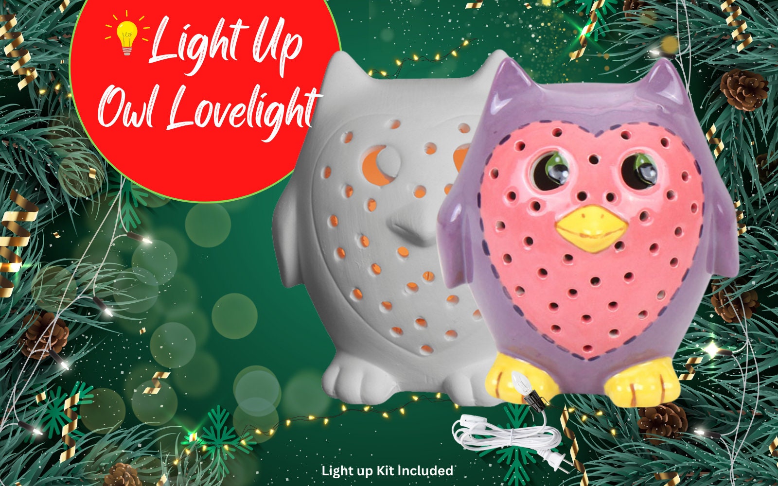 Ceramic Light Up Holiday Christmas Heart Owl
