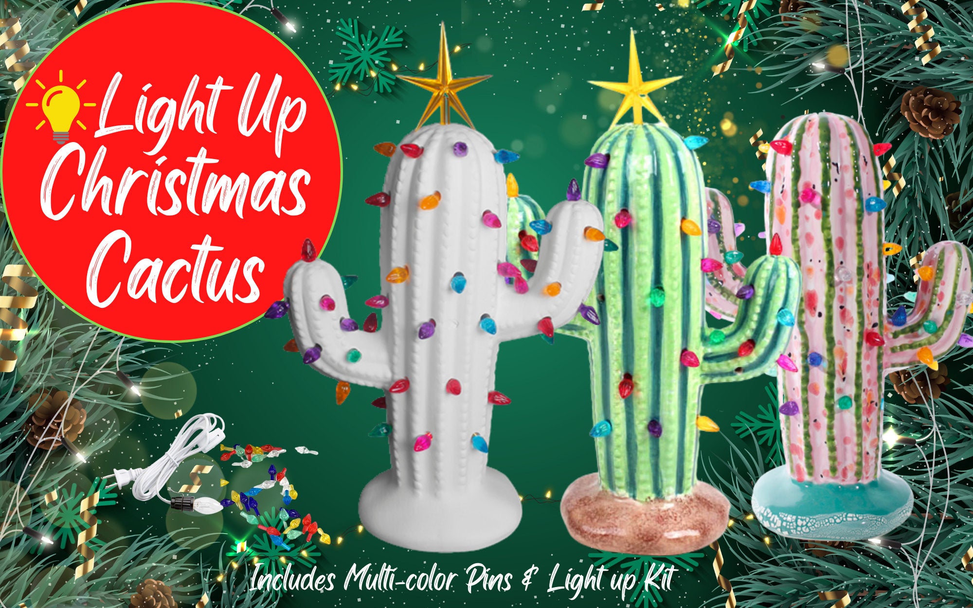 Ceramic Light Up Holiday Christmas Cactus
