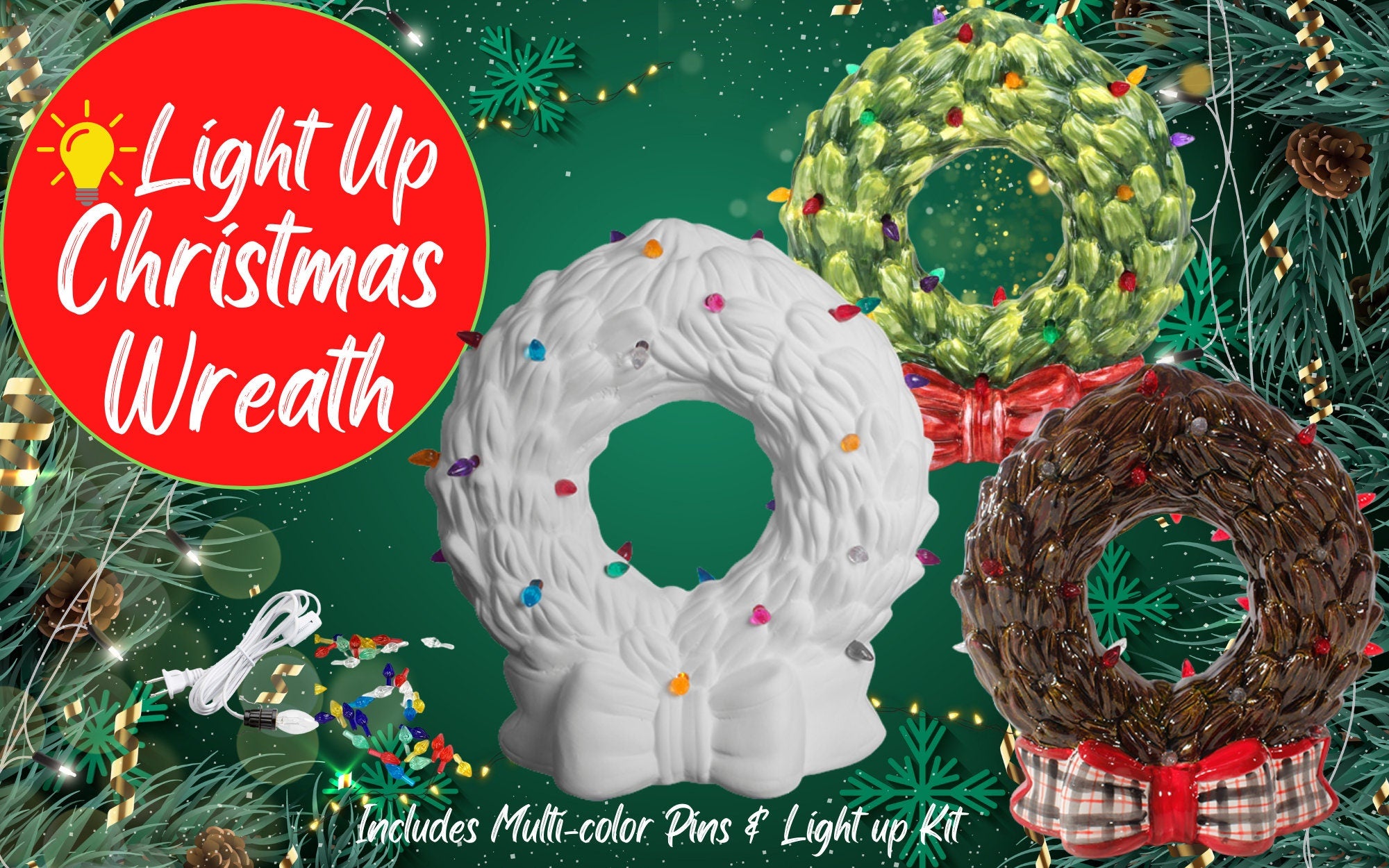 Ceramic Light Up Holiday Christmas Wreath